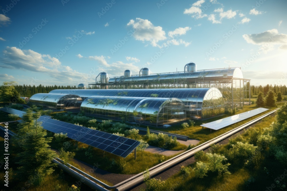 Fototapeta premium Green energy plant. Solar panels. Sun shine. Windmills. Tanks Lot AI generation