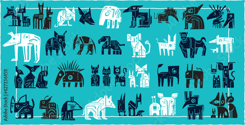 Abstract cyberpunk robot animals - creatures vector. Hand Drawn, minimal, monochrome linocut. Grungy punk revival aesthetic,  trendy features, edgy progressive style , nostalgic and retro. 