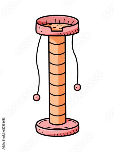 A scratching post with a cot for cats. Vector doodle illustration of a pet house. Single isolate on white.