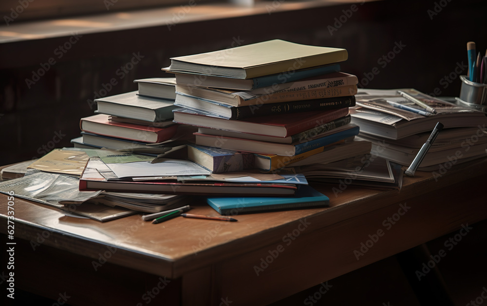 School books on desk. AI, Generative AI School books on desk. AI, Generative AI