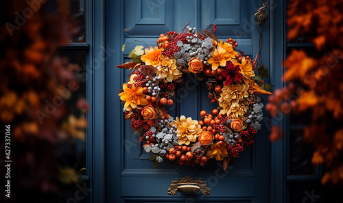 Decorative bright autumn wreath hanging on front door of house door close up. Beautiful Festive decoration for Thanksgiving or Halloween party. Fall season background October, Autumn Fall concept © annebel146