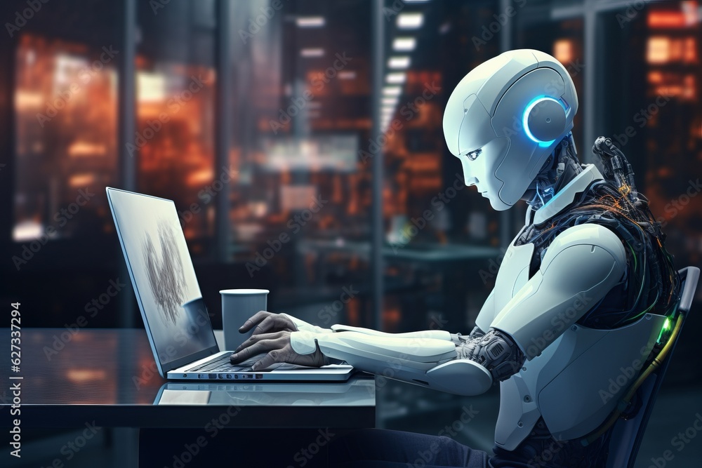 Synchronized Symphony: Smart artificial android working on a PC, Generative AI Synchronized Symphony: Smart artificial android working on a PC, Generative AI