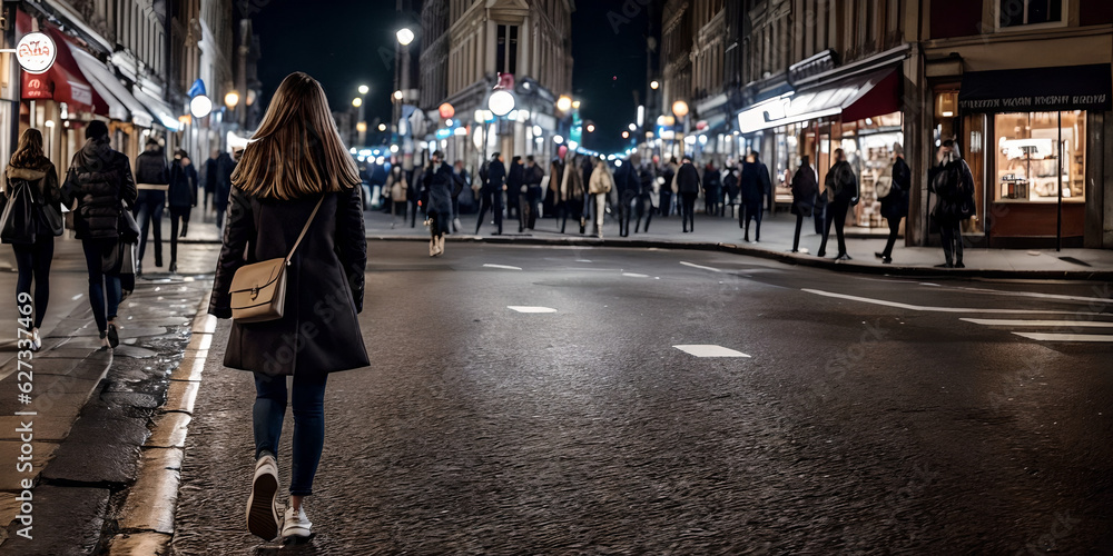Girl walking on the street at night, generative ai