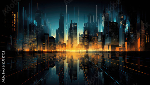 Digital Skyline with Skyscrapers, Illustrated Art Wallpaper for Business and Stock - Generative Ai