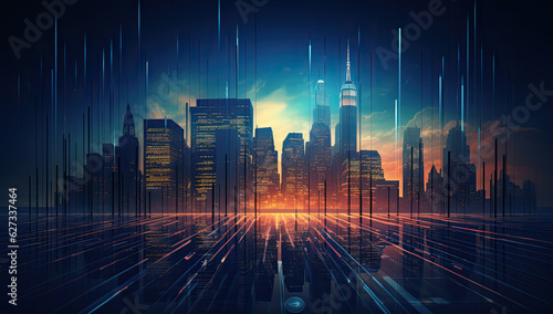 Digital Skyline with Skyscrapers, Illustrated Art Wallpaper for Business and Stock - Generative Ai © DigitalMuse