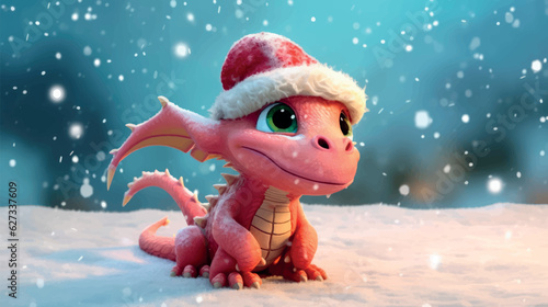 Chinese New Year of the Dragon. 2024 year of the dragon. New year poster with cartoon 3d dragon character on snowy background. Vector illustration of a dragon on a winter snowy background.