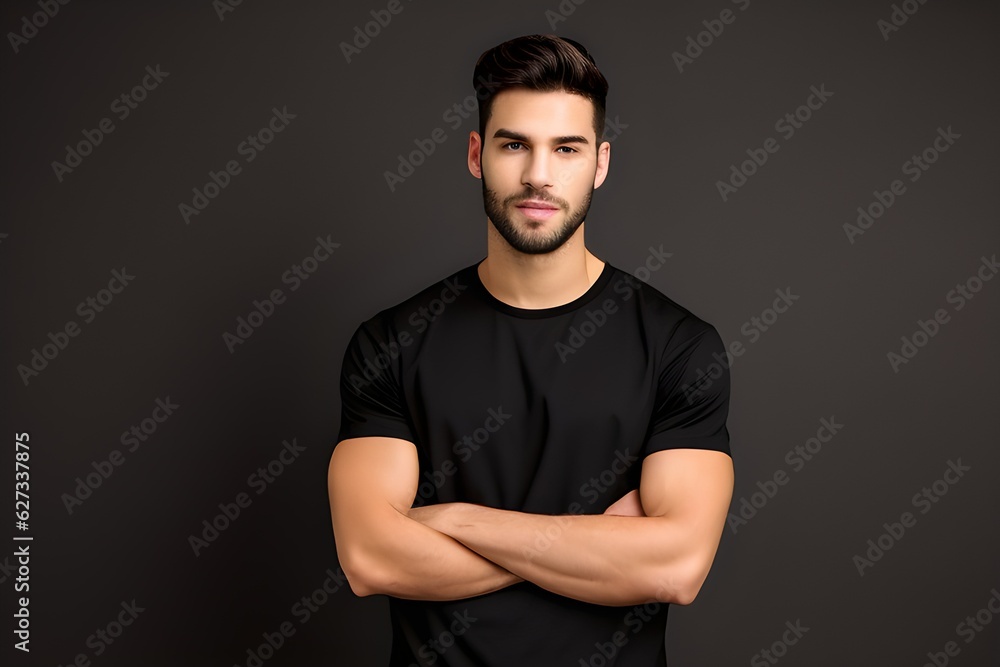 Young handsome man in black t shirt with black background. Young male model in studio. AI Generative Young handsome man in black t shirt with black background. Young male model in studio. AI Generative