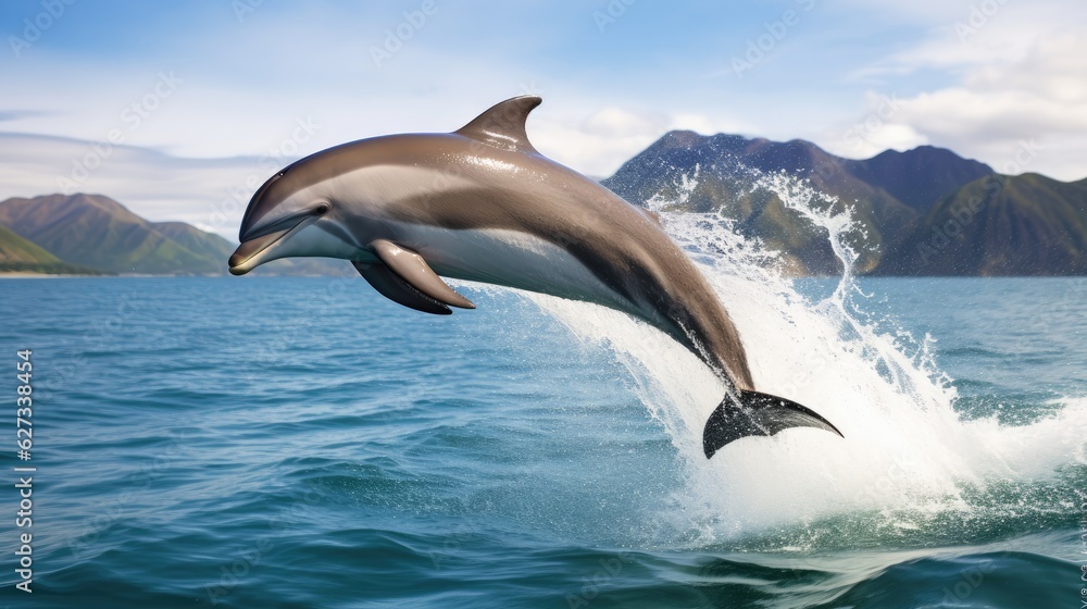 Fototapeta premium Dolphin Jumping From Open Water in Sea Under Blue Cloudy Sky With Bright Sun
