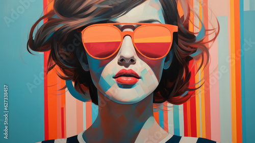 Woman with sunglasses portrait painting with stripes in acrylic paint of dark white,dark cyan, orange pink and red colors
