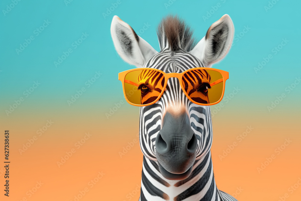 Naklejka premium Zebra with sunglasses isolated on solid pastel background, commercial, editorial advertisement, surreal surrealism