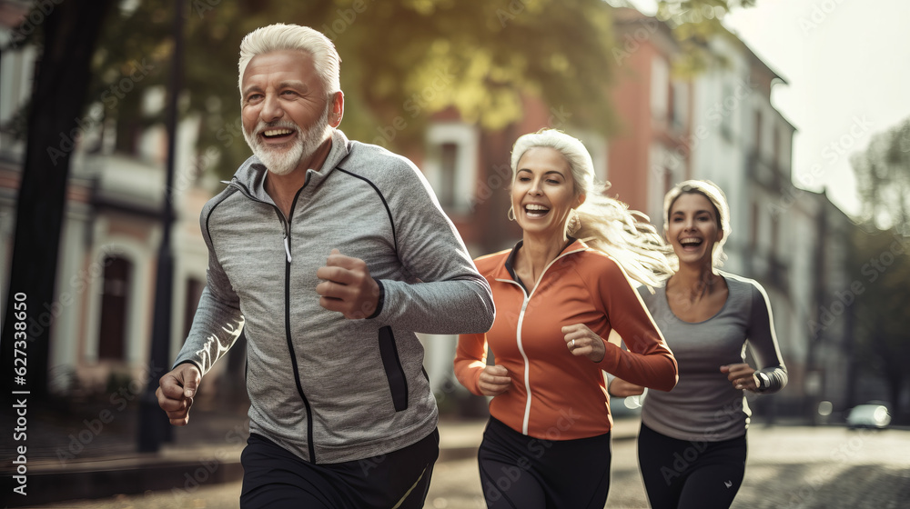 Elderly people running with friend, old persons doing sports Elderly people running with friend, old persons doing sports