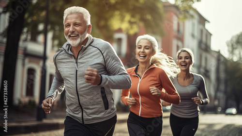 Elderly people running with friend, old persons doing sports