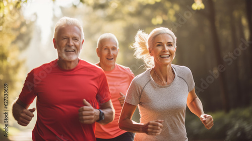 Elderly people running with friend, old persons doing sports