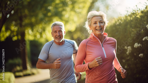 Fototapeta Naklejka Na Ścianę i Meble -  Elderly people running with friend, old persons doing sports