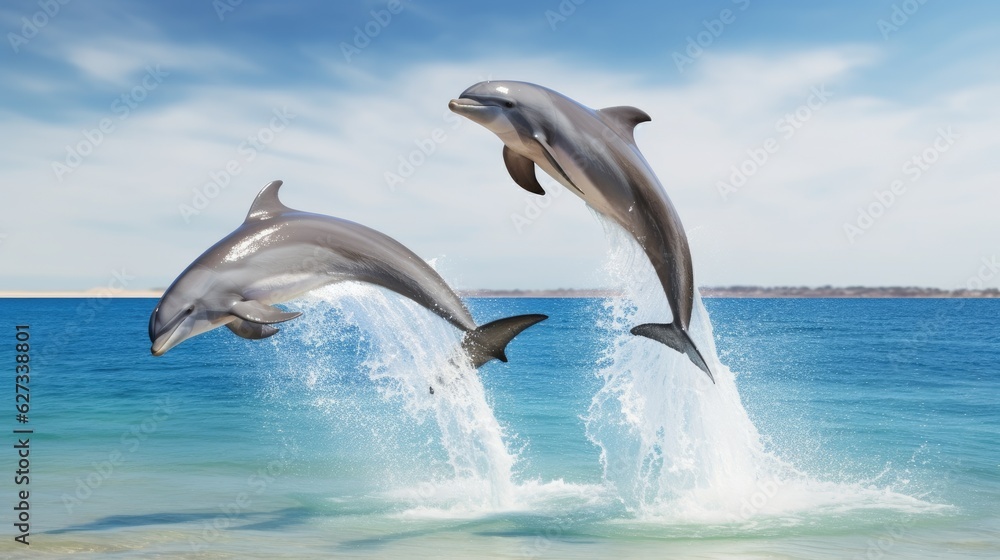 Fototapeta premium Dolphin Jumping From Open Water in Sea Under Blue Cloudy Sky With Bright Sun