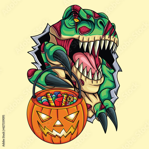 Fototapeta Naklejka Na Ścianę i Meble -  T rex zombie hold pumpkin vector illustration for your company or brand