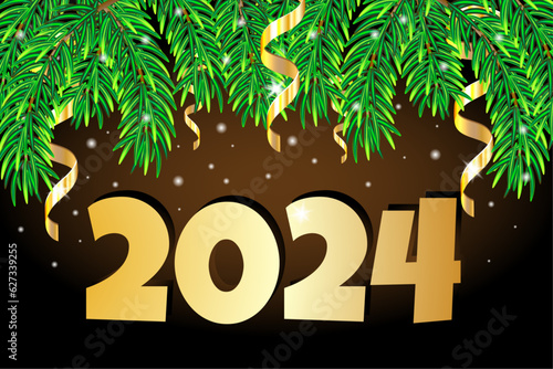 New Year 2024 card with christmas tree branches and serpentine on dark background