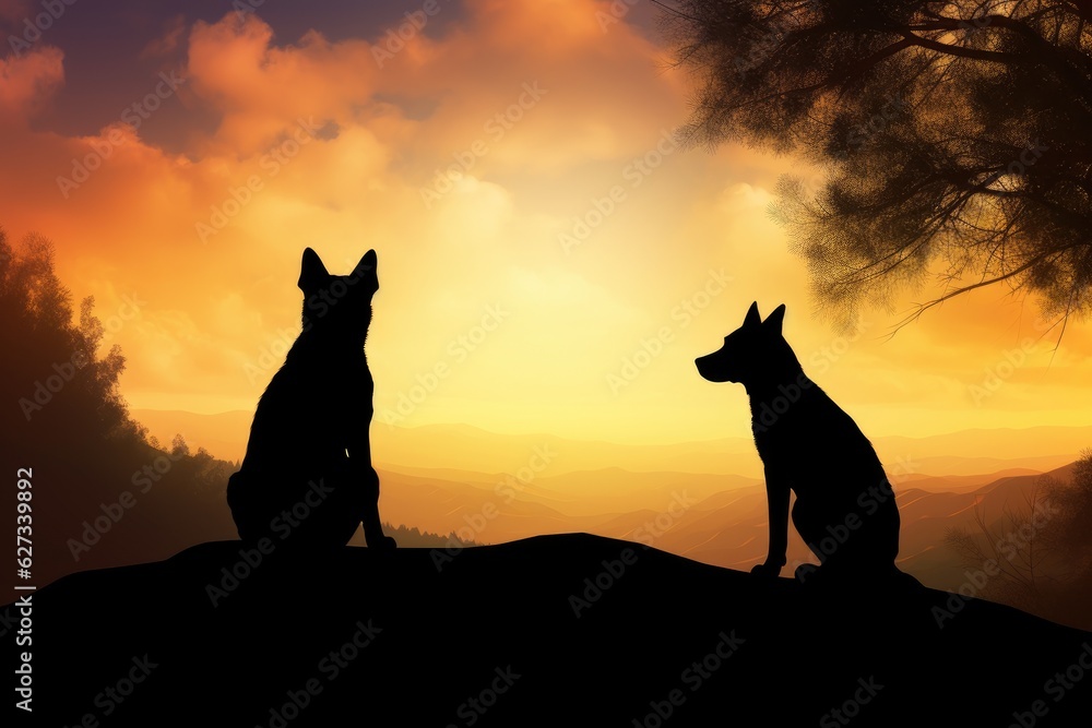 Fototapeta premium Silhouettes of two dogs sitting on a mountain at sunset.