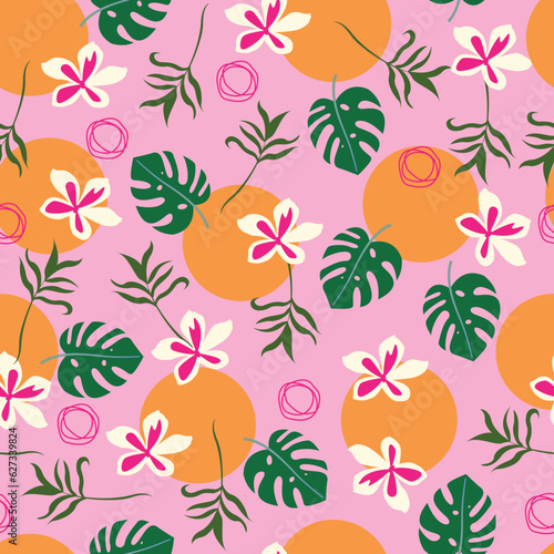 Floral seamless pattern. Monstera leaves, wildflowers and polka dots. Allover printed whimsical arrangement of foliage motifs