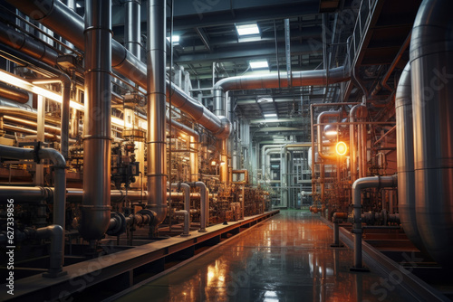Inside an oil refinery. Pipes  oil  installations for oil. Factory. Energy. Oil. AI generation