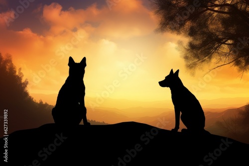 Silhouettes of two dogs sitting on a mountain at sunset.