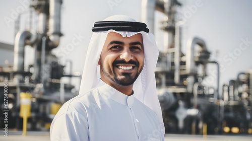 Arab man in keffiyeh against the background of an oil refinery with a joyful expression on his face