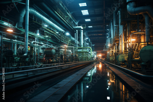 Inside an oil refinery. Pipes, oil, installations for oil. Factory. Energy. Oil. AI generation