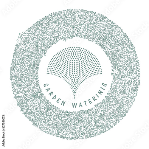 Garden watering emblem. Vector floral wreath from hand drawn  fantasy leaves and flowers, fountain from small water drops