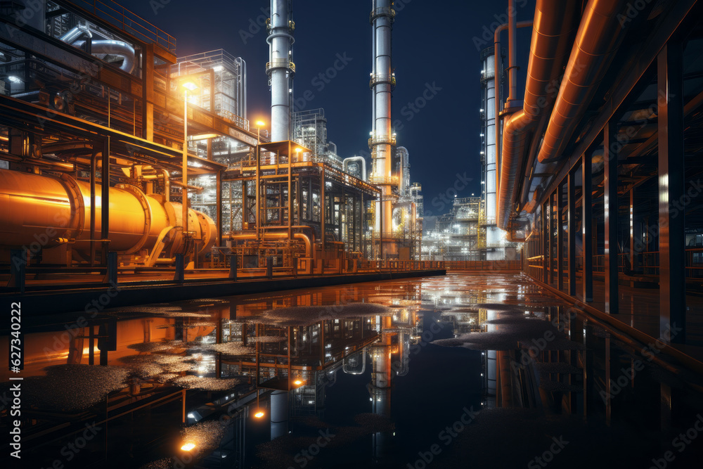 Inside an oil refinery. Pipes, oil, installations for oil. Factory. Energy. Oil. AI generation Inside an oil refinery. Pipes, oil, installations for oil. Factory. Energy. Oil. AI generation