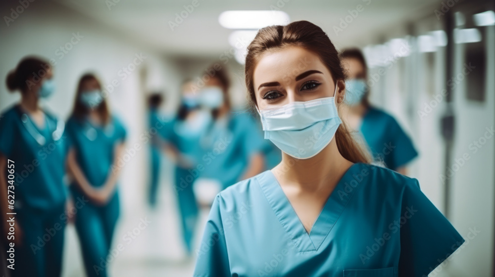 Portrait of a young nursing student standing with her team in hospital, dressed in scrubs, Doctor intern