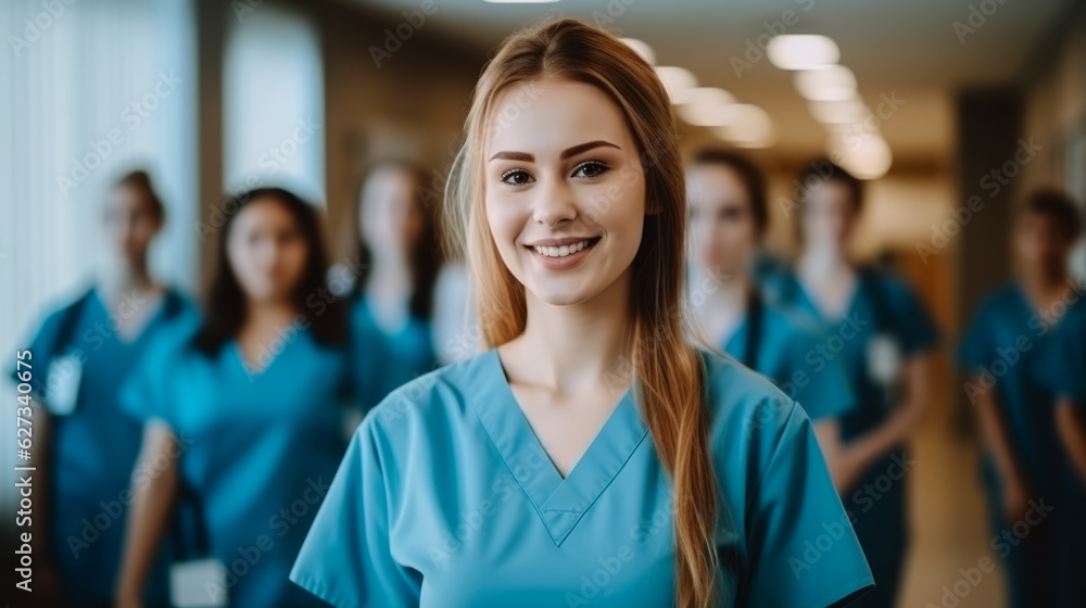 Portrait of a young nursing student standing with her team in hospital, dressed in scrubs, Doctor intern - obrazy, fototapety, plakaty 