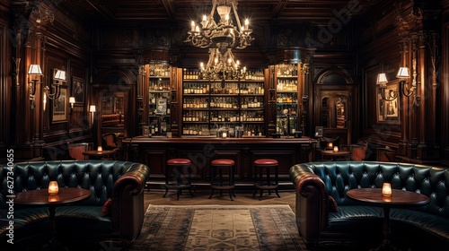 Vintage inspired speakeasy bar with dark wood paneling, plush leather seating, ornate chandeliers
