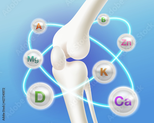 Multivitamin concept that nourishes bones knee joints and legs A large number of useful vitamins revolve around the bones. Protect your body and stay healthy. 3d realistic vector file.