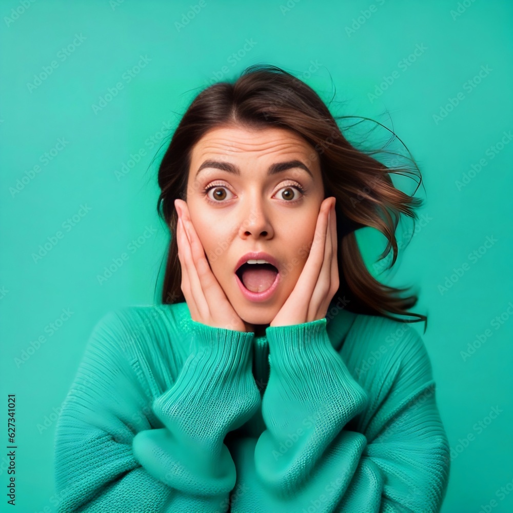 Photo of a shocked women wearing pullover isolated teal background Photo of a shocked women wearing pullover isolated teal background