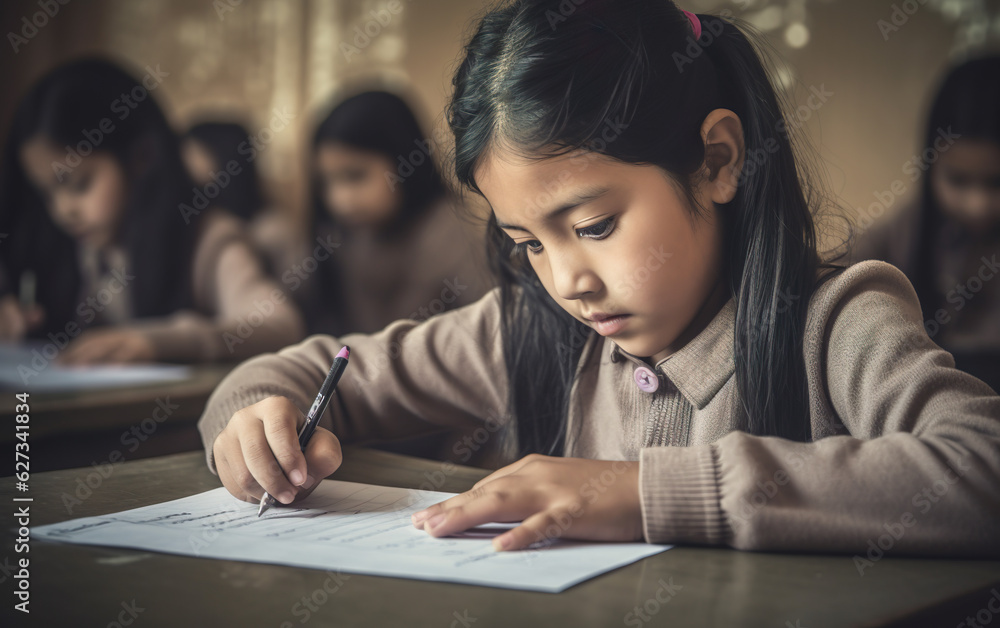 School girl writing in notebook in classroom. AI, Generative AI School girl writing in notebook in classroom. AI, Generative AI