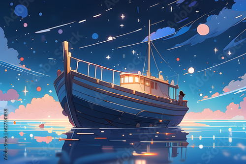 A boat and countless stars floating in the dark deep sea Generative AI