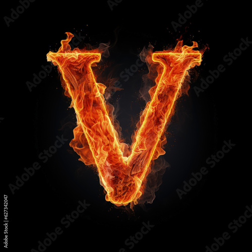 Capital letter V consisting of a flame. Burning letter V. Letter of fire flames alphabet on black background.