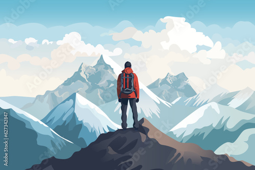 Climbing mountains. The man on the top of the mountain looks at the beautiful landscape of the mountains. The concept of mountain tourism, travel and hiking. Vector illustration.