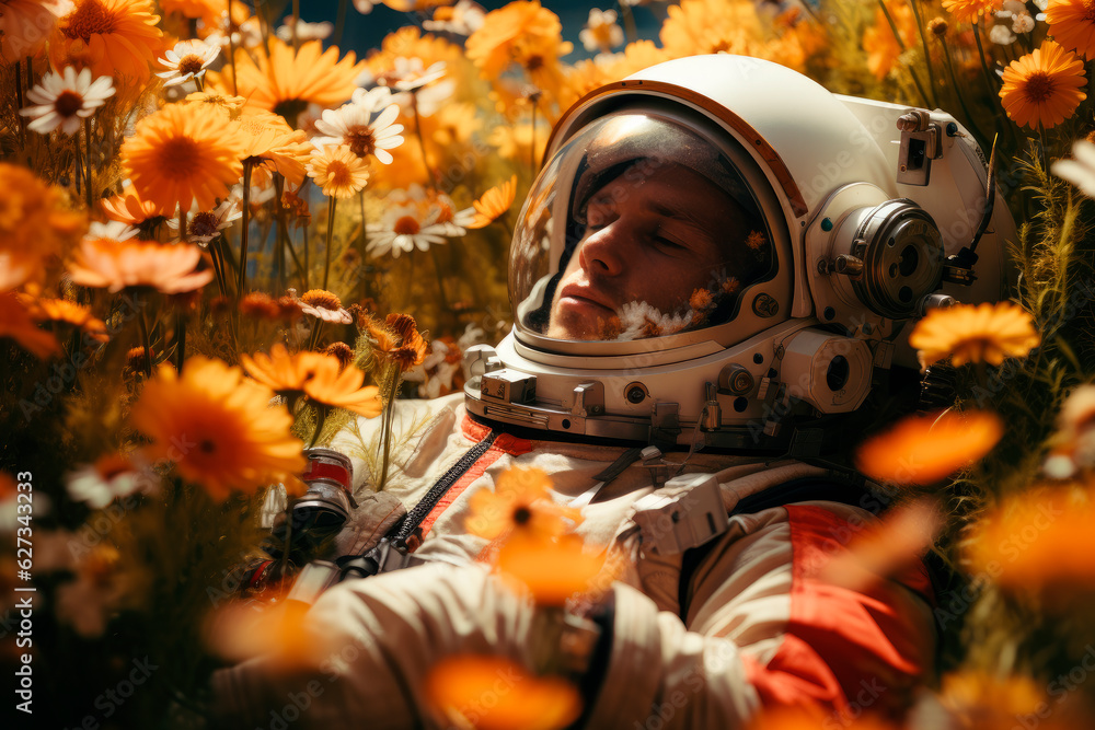 An astronaut sleeping in flower blossom field An astronaut sleeping in flower blossom field