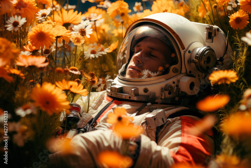An astronaut sleeping in flower blossom field