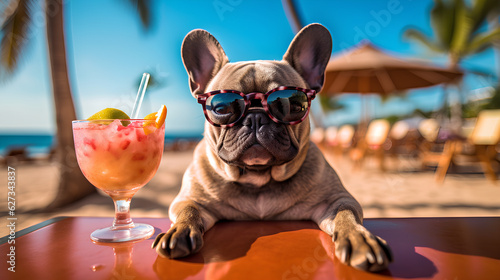 A brown bulldog with glasses poses on the beach with a refreshing cocktail. Generative.