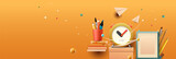 Back to school banner. School workspace with school stationery, orange background