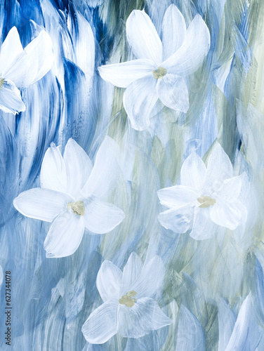 Abstract white flowers on blue, original hand drawn, impressionism style, color texture, brush strokes of paint, art background. © Artlu