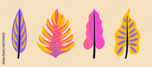 Groovy bundle abstract tropical leaves. Monsters and other jungle plants with texture and lines. Neon trippy poster. Vector illustration. .