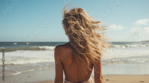 An attractive young blond woman with beautiful long hair on a sandy beach in the . back view. Generative AI