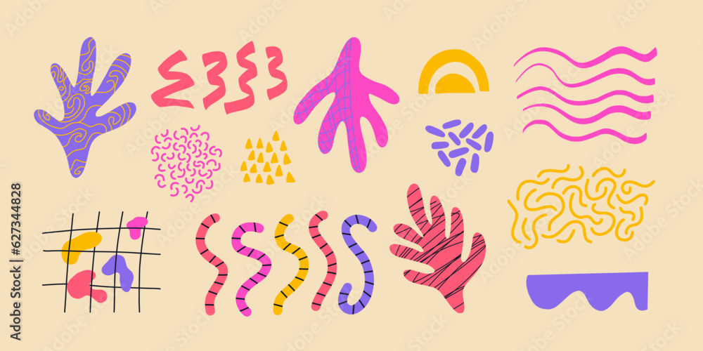 Groovy bundle with abstract shapes and spots. Modern texture shape and abstract exotic plant. Neon trippy poster. Vector illustration.