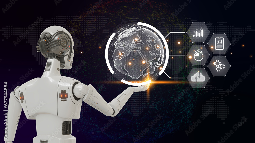 AI, Machine learning, Hands of robot touching big data of Global network connection, Internet and digital technology, Science and artificial intelligence digital technologies of futuristic. AI, Machine learning, Hands of robot touching big data of Global network connection, Internet and digital technology, Science and artificial intelligence digital technologies of futuristic.