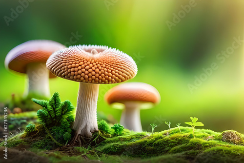 Cute mushrooms with blurred background generative AI