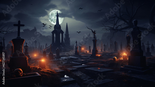 The full moon casting an ominous glow over a spooky graveyard filled with ancient tombstones. Generative AI