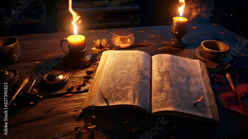An ancient and mysterious book of spells open on a wooden table, with candles flickering nearby. Generative AI